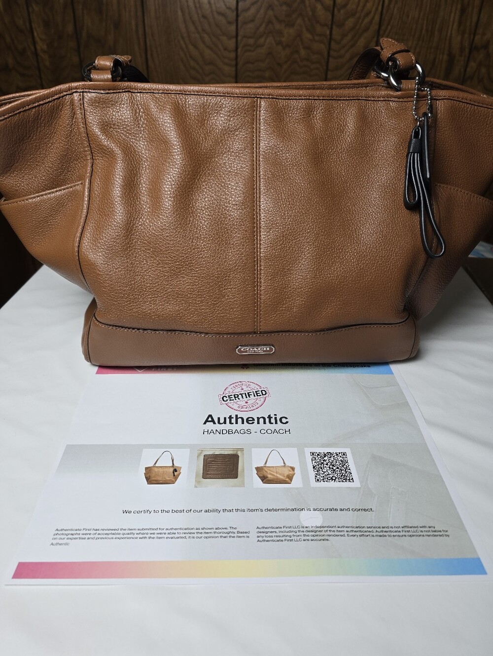 Coach Tan Leather Tote with Wristlet Charm W/COA